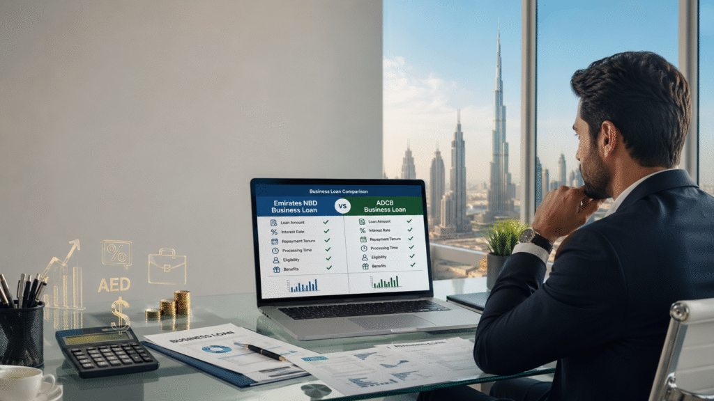 Business loan comparison in Dubai, showing a business owner reviewing Emirates NBD and ADCB business loan options, with loan documents, financial charts, and Dubai skyline in the background.