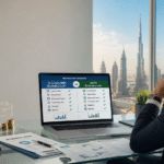Business loan comparison in Dubai, showing a business owner reviewing Emirates NBD and ADCB business loan options, with loan documents, financial charts, and Dubai skyline in the background.