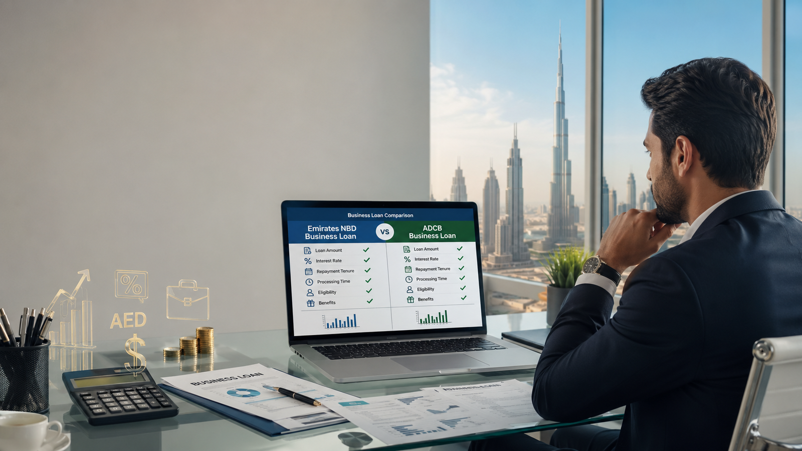 Business loan comparison in Dubai, showing a business owner reviewing Emirates NBD and ADCB business loan options, with loan documents, financial charts, and Dubai skyline in the background.
