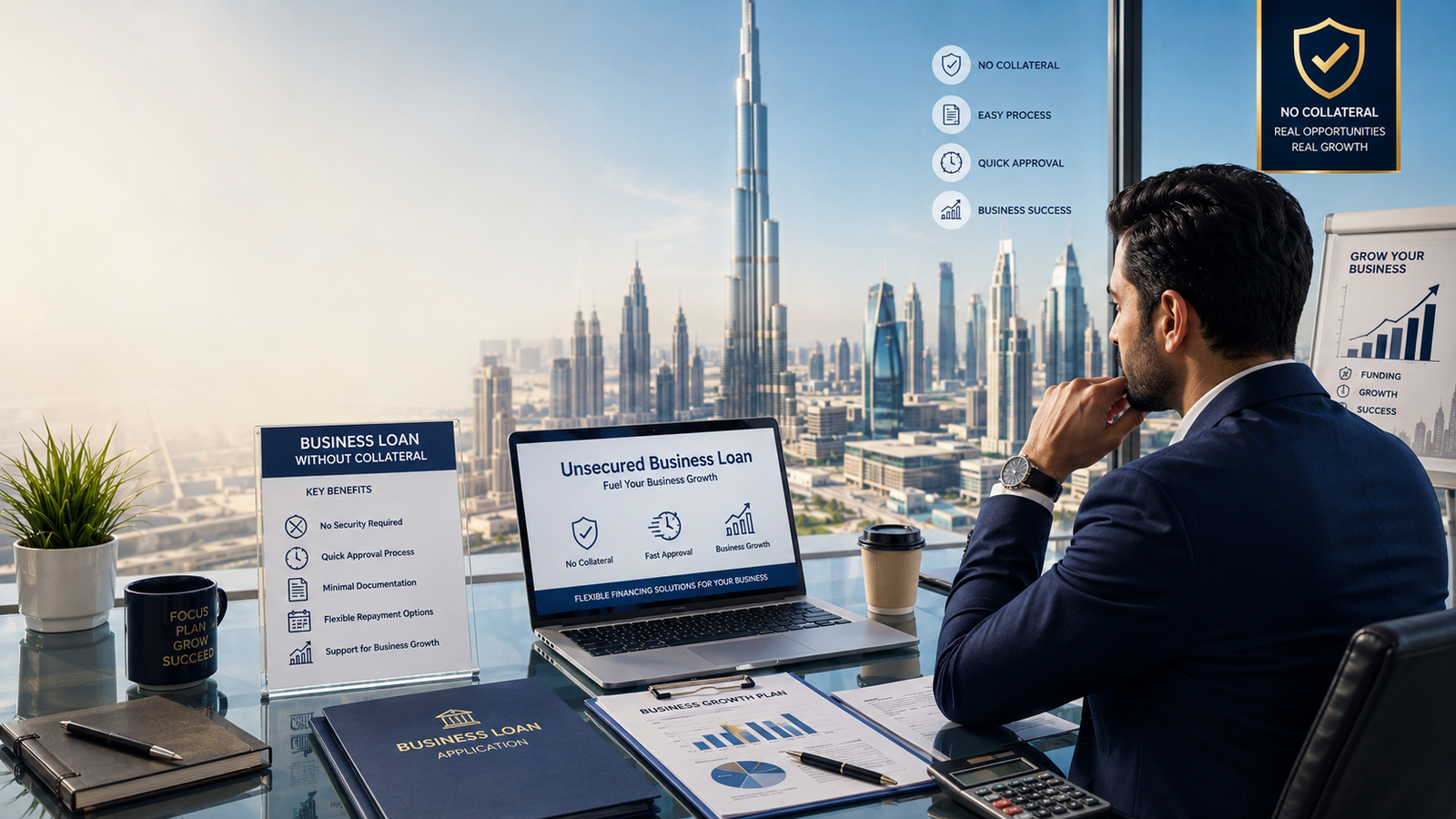 Business loan without collateral in Dubai, showing an entrepreneur reviewing an unsecured business loan with no collateral, fast approval, minimal documentation, flexible repayment options, and business growth benefits.