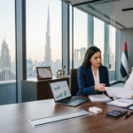 A confident Emirati SME business owner and a professional female financial consultant reviewing business financing documents together at a sleek desk in a modern Dubai office. The Dubai skyline, featuring the Burj Khalifa, is visible through large glass windows in the bright background. The desk contains a laptop displaying financial charts, a calculator, and paperwork, with clean negative space left open on the left side