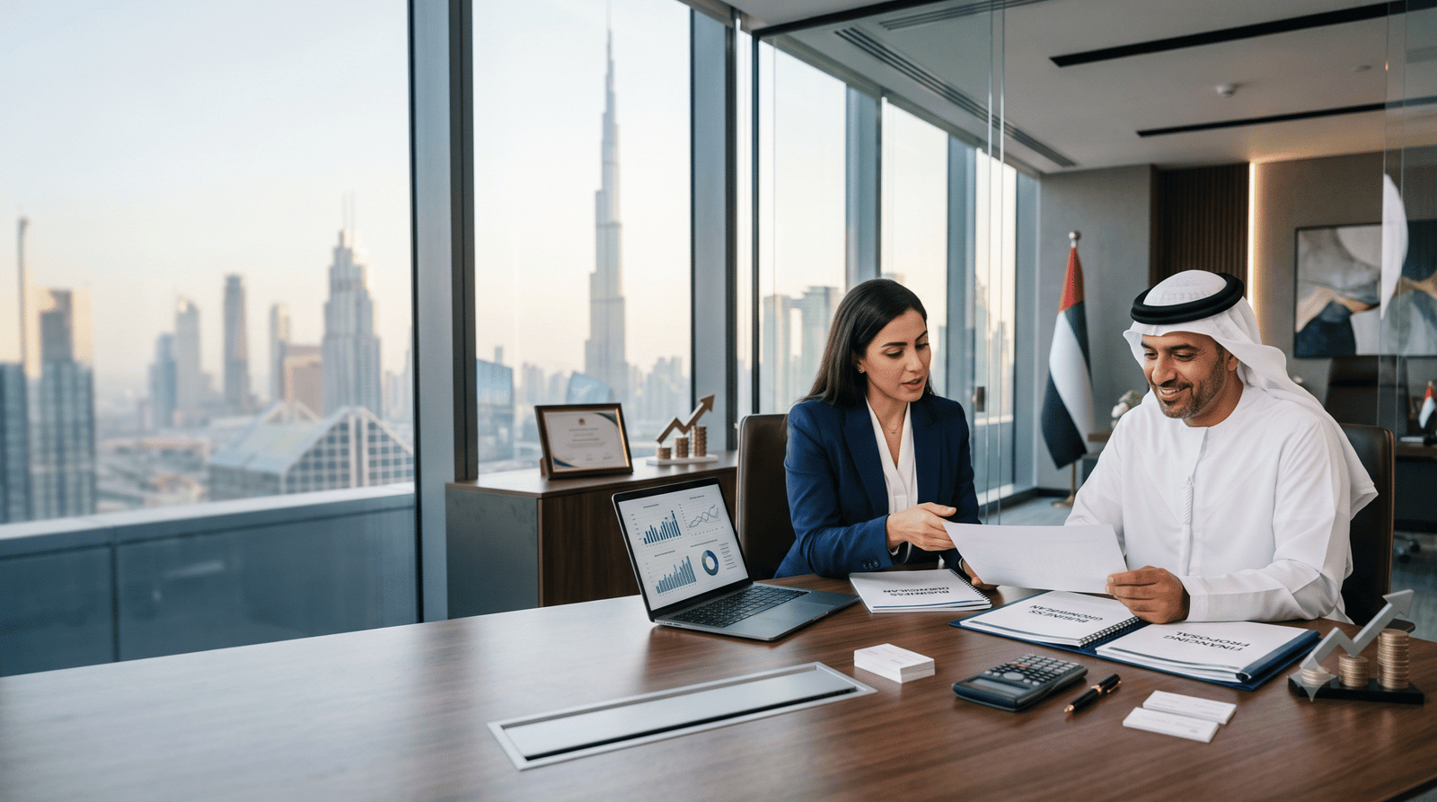 A confident Emirati SME business owner and a professional female financial consultant reviewing business financing documents together at a sleek desk in a modern Dubai office. The Dubai skyline, featuring the Burj Khalifa, is visible through large glass windows in the bright background. The desk contains a laptop displaying financial charts, a calculator, and paperwork, with clean negative space left open on the left side